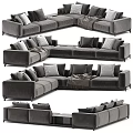 Modern Sectional Sofa With Gray Beige Upholstery Pillows And Throw Blanket