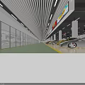 Modern Car Showroom Interior With Green Floor Multiple Cars Striped Ceiling And Billboards