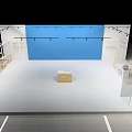 White Metal Frame Shelves With Wooden Boards Arranged On White Floor And Black Background