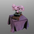 Pink Flowering Bonsai Tree in Dark Square Pot on Wooden Tray with Purple Dotted Tablecloth