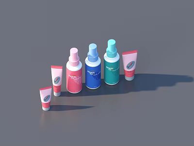 Colorful Skincare Product Bottles and Tubes in Pink Blue Green for Daily Use 3d model