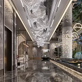 Elegant Modern Hotel Lobby With Round Chandelier Marble Walls Water Feature Glass Wall And Greenery