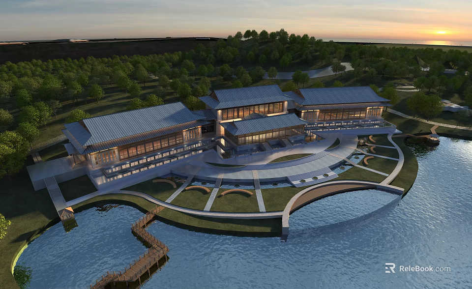 Aerial Planning of Modern Traditional Buildings With Waterfront Green Spaces and Trees 3d model 