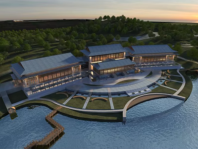 Aerial Planning of Modern Traditional Buildings With Waterfront Green Spaces and Trees 3d model