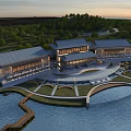 Aerial Planning of Modern Traditional Buildings With Waterfront Green Spaces and Trees