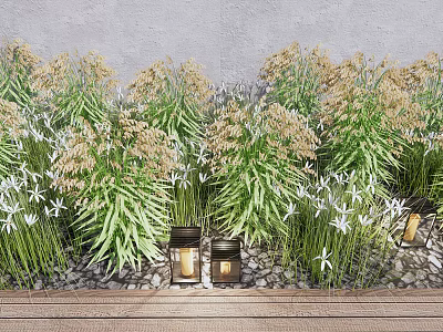 Lush Green Grasses With White Flowers Growing Along Stone Path And Wooden Deck 3d model