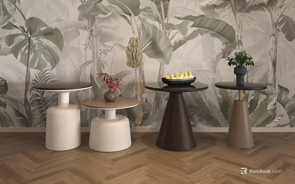 Modern Round Tables with White and Brown Bases Tropical Plant Wallpaper and Decorative Fruit Bowl 3d model 