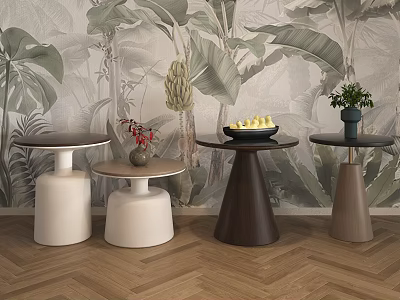 Modern Round Tables with White and Brown Bases Tropical Plant Wallpaper and Decorative Fruit Bowl 3d model