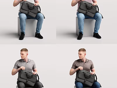 Man Sitting On Stool Holding Black Bag Wearing Gray Shirt And Blue Jeans 3d model