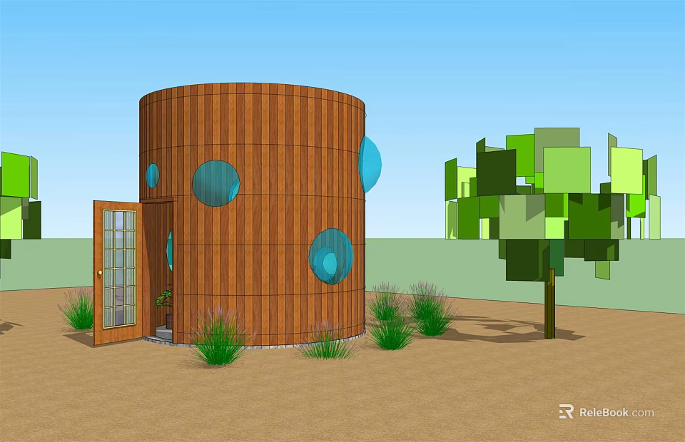 Circular Wooden Building With Round Windows Open Door Green Plants Sandy Ground And Blue Sky 3d model 