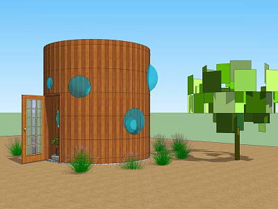 Circular Wooden Building With Round Windows Open Door Green Plants Sandy Ground And Blue Sky 3d model