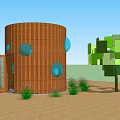 Circular Wooden Building With Round Windows Open Door Green Plants Sandy Ground And Blue Sky