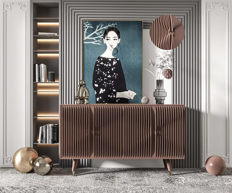 Modern Console Cabinet And Sideboard With Pleated Wooden Design Shelves Mirror Vase Sculpture And Decorative Balls 3d model 