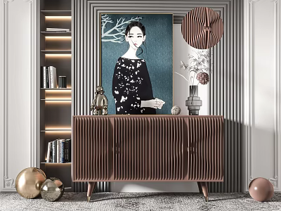 Modern Console Cabinet And Sideboard With Pleated Wooden Design Shelves Mirror Vase Sculpture And Decorative Balls 3d model