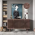 Modern Console Cabinet And Sideboard With Pleated Wooden Design Shelves Mirror Vase Sculpture And Decorative Balls