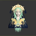 Fantasy Elf Character With Green Hair And Golden Headdress Feather Decoration