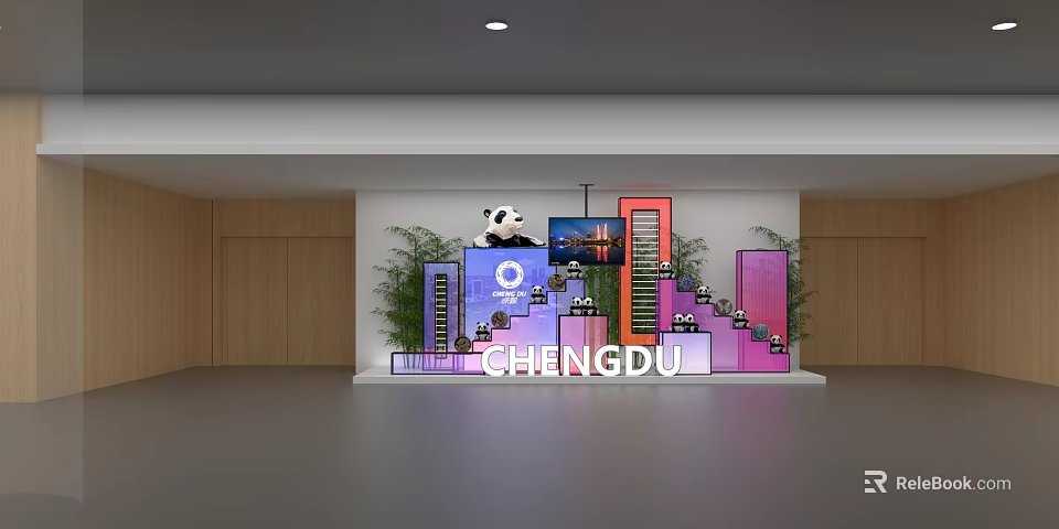 Chengdu Themed Exhibition Display With Panda TV Screen And Colorful Buildings 3d model 