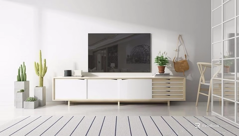 Modern White Wooden TV Stand with Flat Screen TV Green Plants Striped Rug and Chair 3d model 