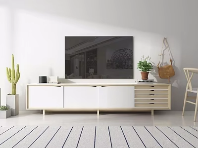 Modern White Wooden TV Stand with Flat Screen TV Green Plants Striped Rug and Chair 3d model