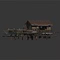 Small Wooden Harbor Scene With Dock Boats And Scattered Debris