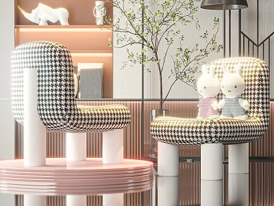 Modern Children's Chairs With Black White Houndstooth Cylindrical Legs And Bunny Dolls On Pink Platform 3d model
