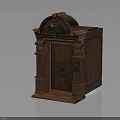 Antique Wooden Cabinet With Intricate Carvings Gold Accents And Metal Lock