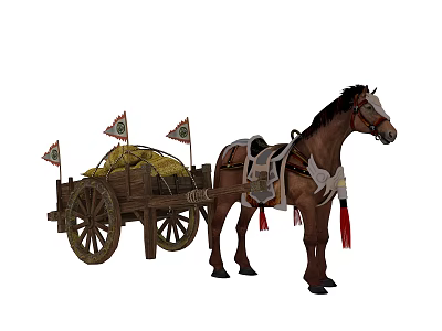 Brown Horse Drawn Wooden Cart With Yellow Goods And Small Flags 3d model