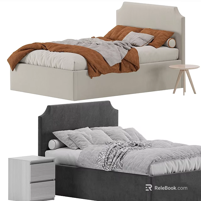 Modern Double Bed Design With Grey Headboard Soft Pillows And Bedside Table 3d model