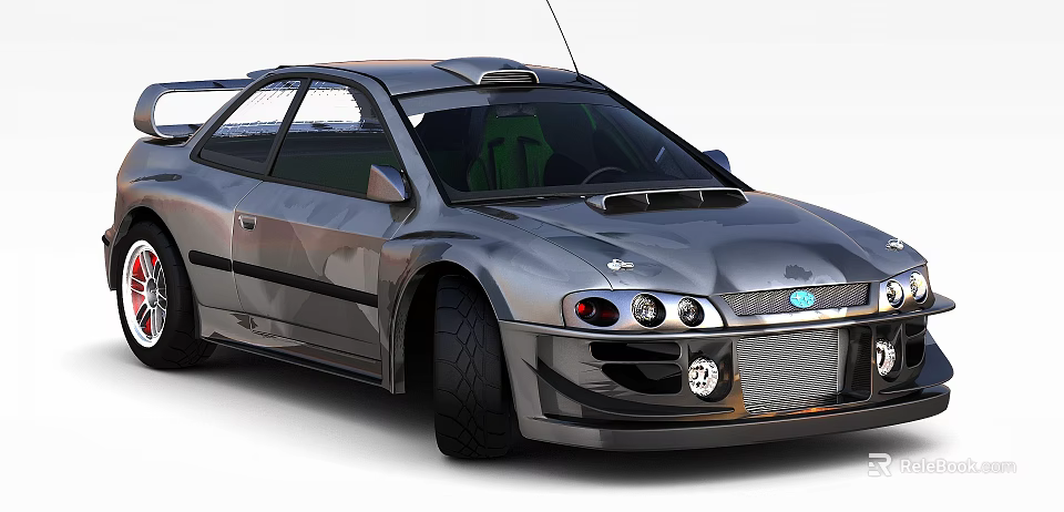 Sporty Modified Car With Large Tires Round Headlights Roof Spoiler And Green Racing Seats 3d model 