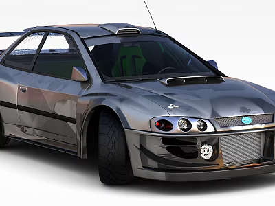 Sporty Modified Car With Large Tires Round Headlights Roof Spoiler And Green Racing Seats 3d model