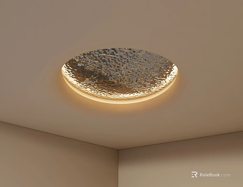 Modern Ceiling Design Featuring Circular Textured Light Fixture With Warm Illumination Installed In Room Corner 3d model 