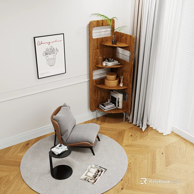 Modern Corner Wooden Shelving Unit With Decorative Plants Books And Baskets In Cozy Living Space 3d model 