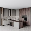 Modern Kitchen Interior With Wooden Cabinets Marble Countertops Island And Built-in Ovens
