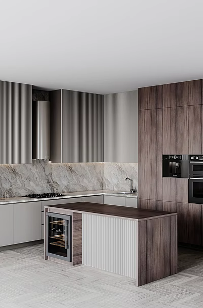 Modern Kitchen Interior With Wooden Cabinets Marble Countertops Island And Built-in Ovens 3d model