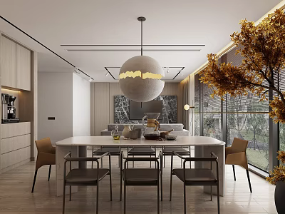 Modern Dining Living Room Interior With White Table Black Chairs Pendant Light And Large Windows 3d model