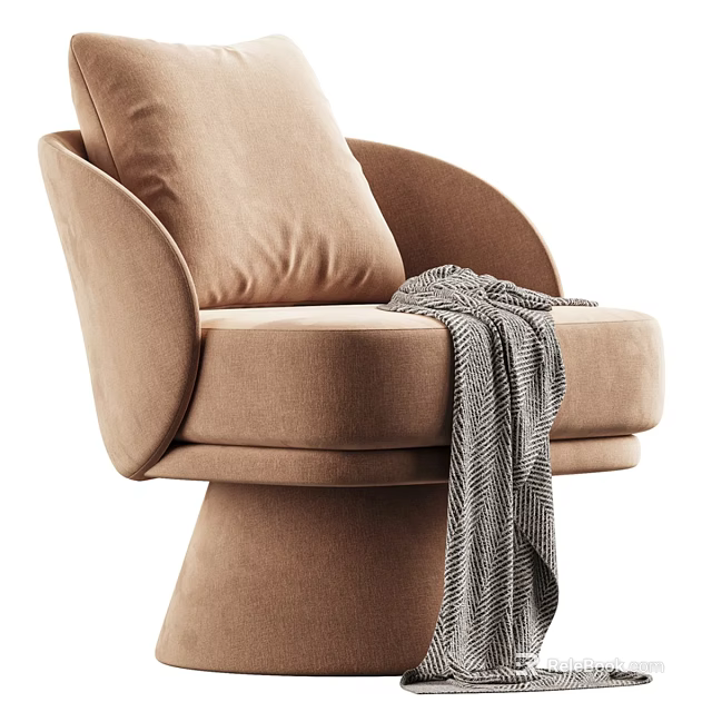 Light Brown Upholstered Accent Chair With Modern Curved Armrests And Striped Blanket 3d model 
