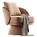 Light Brown Upholstered Accent Chair With Modern Curved Armrests And Striped Blanket
