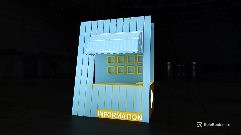 Interactive Information Kiosk With Blue Yellow Design Window Panels And Striped Awning 3d model