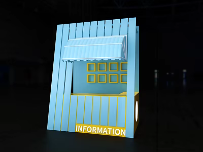 Interactive Information Kiosk With Blue Yellow Design Window Panels And Striped Awning 3d model