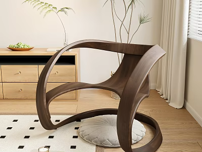 Modern Curved Wooden Leisure Chair With Light Gray Cushion Green Plants And Checkered Rug 3d model