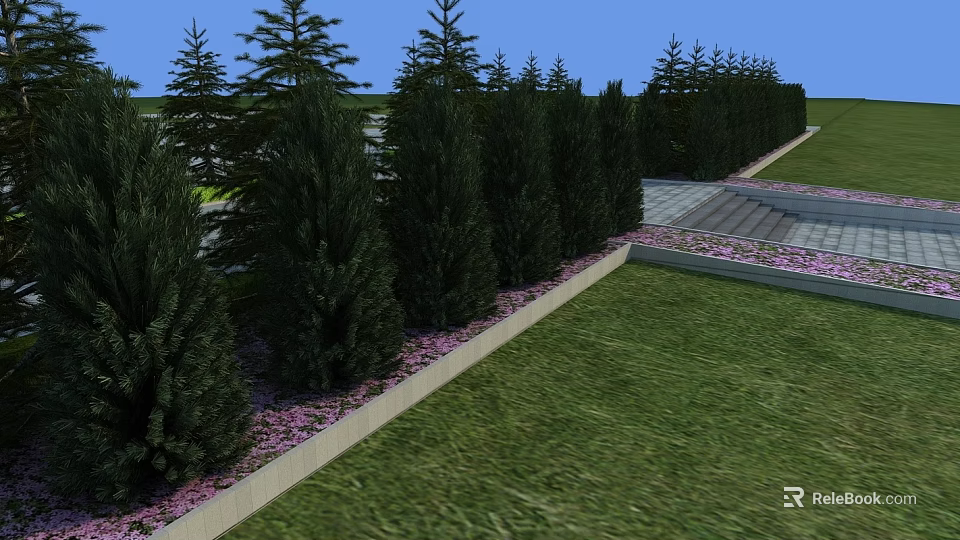 Neatly Arranged Evergreen Trees With Pink Flowers Green Grass And Paved Path 3d model 