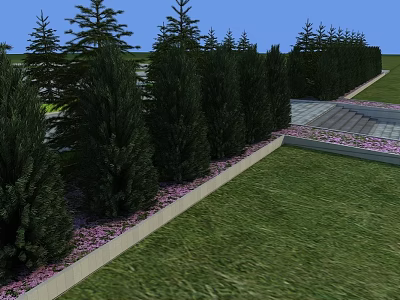 Neatly Arranged Evergreen Trees With Pink Flowers Green Grass And Paved Path 3d model