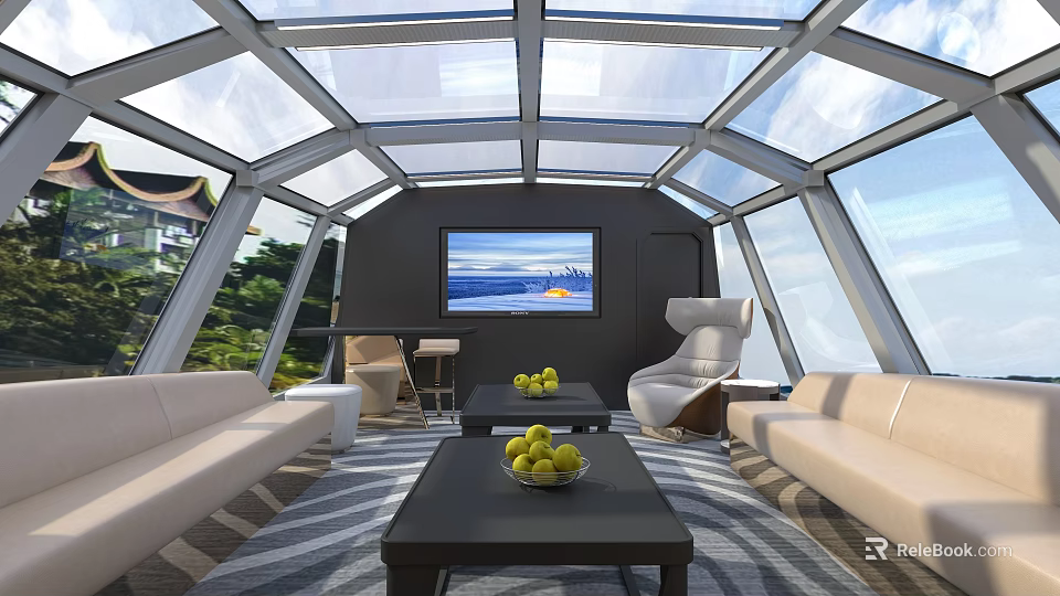 Luxurious Yacht Interior With Glass Dome Ceiling Sofas Coffee Table And Seascape TV 3d model 