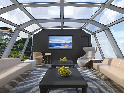 Luxurious Yacht Interior With Glass Dome Ceiling Sofas Coffee Table And Seascape TV 3d model