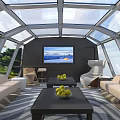 Luxurious Yacht Interior With Glass Dome Ceiling Sofas Coffee Table And Seascape TV