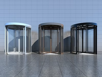 Modern Revolving Doors In Silver Dark Gray And Black With Gray Wall And Tiled Floor 3d model