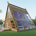 Triangular Wooden House With Glass Panels Balcony Railing and Stone Path Surrounded by Trees