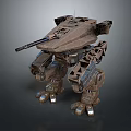 Detailed Mechanical Robot Character With Quadruped Legs And Cannon Featuring Metallic Structure