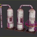 Industrial Storage Tanks With Rusted Pipes Yellow Platforms And Metal Structures