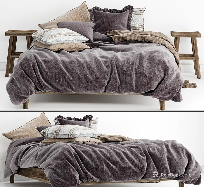 Double Bed In Cozy Bedroom With Soft Gray Bedding Multiple Pillows And Wooden Nightstands 3d model 